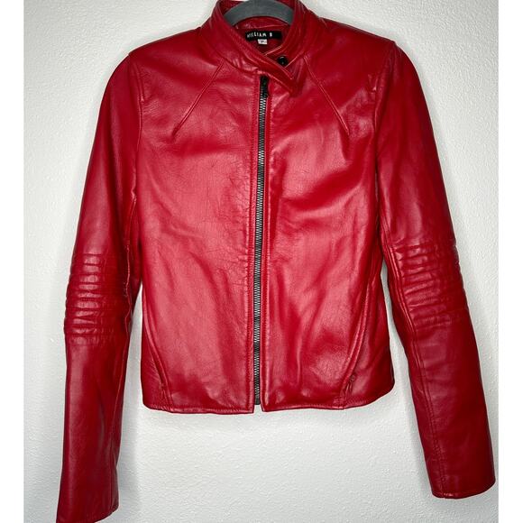 William B Cherry Red 100% Leather Moto Jacket Front Zip Silk Lining S - Picture 1 of 10